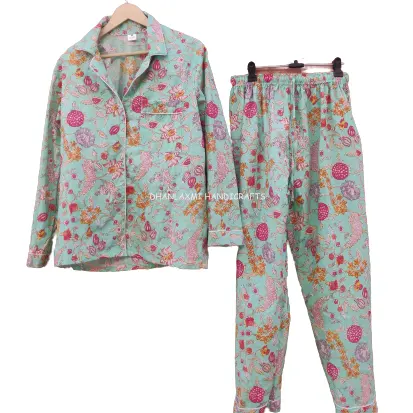 Katoen Nacht Slijtage Pyjama Set 100% Katoen Biologisch Nacht Pak Pyjama Jurk Groothandel Nachtkleding Indian Bloemenprint Groene Pyjama