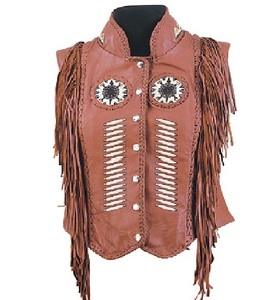 Chaleco de cuero genuino marrón para mujer, chaleco de motociclista con cuello redondo, flecos Vintage, cuentas, decoraciones de encaje, chaleco de lona con botones a prueba de viento - Product Image 1