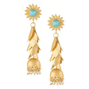 Indian Crystal Jewellery Gold Plated Dangle Jhumka Jhumki Matte Earrings Set Indian Jewelry Manufacturers Supplier, Sky Blue