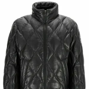 2021 Men's Leather Jacket Diamond quilted Black Bomber Quilted down Leather Jacket
