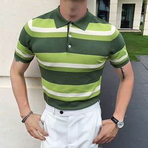 Polo ligero para hombre con rayas verticales, estilo informal, manga corta, material de mezcla de algodón - Product Image 2