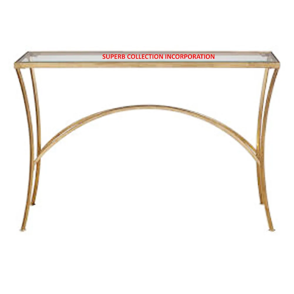 Uniqui Gold Wrought Iron Console table With Glass Top On Cheap Price