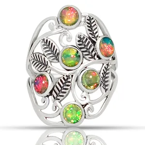 아름다운 색깔 에티오피아 단백석 반지, 다 불 단백석 보석을 가진 원형 잎 디자인
