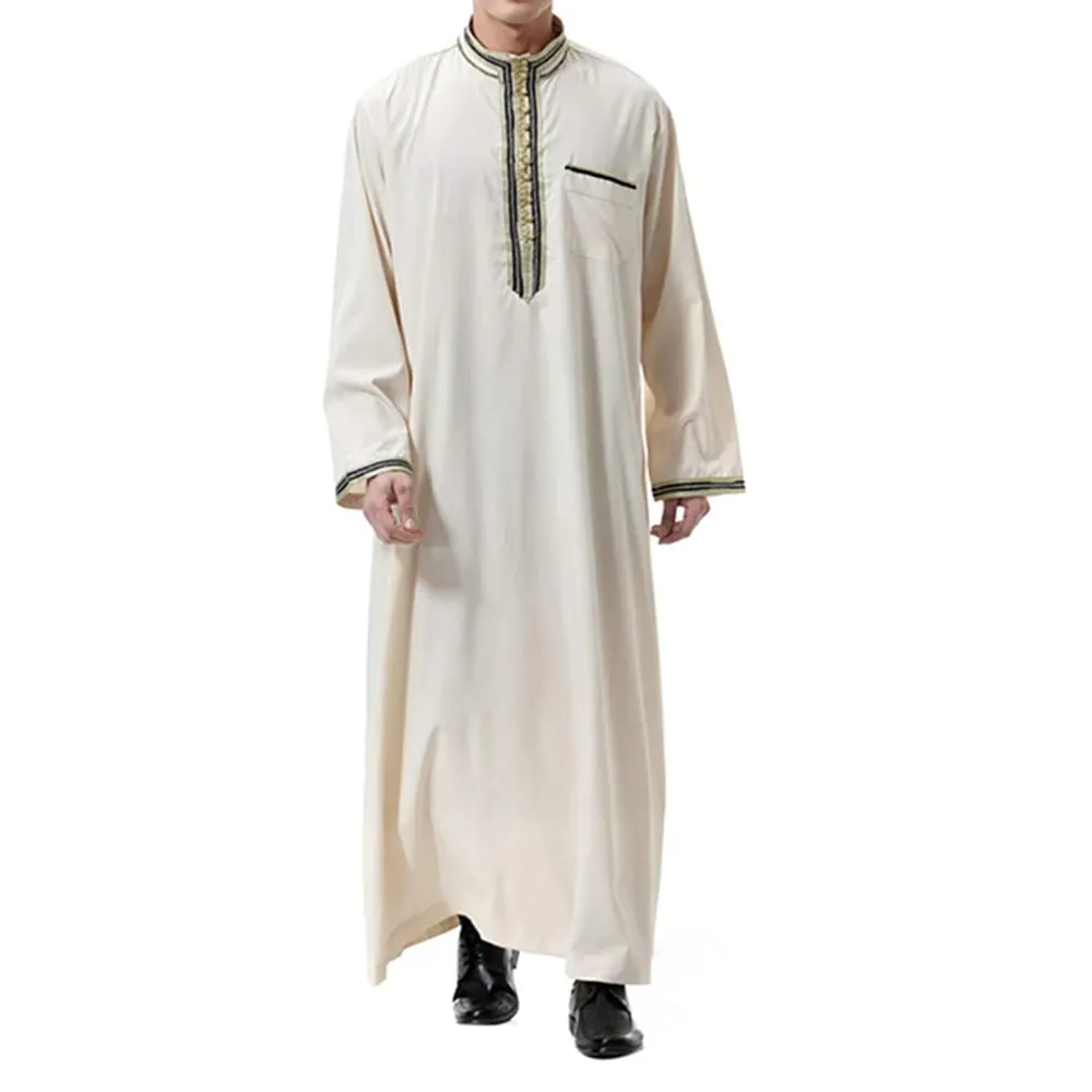 高品質の伝統的なアラビアのスタンディングカラーイスラム教徒の服メンズjubah thobeロングドレス