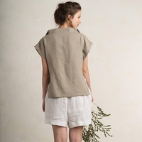 Summer Hot Days Casual Wear Femme Lin Gris Loose Fit Linen Top avec manches courtes et col rabattu Style It avec short