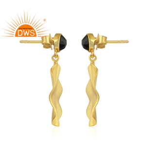 Dark <b>Black</b> Onyx Gemstone Wavy Disc <b>Gold</b> Plated Silver <b>Earring</b> Jewelry for Women Gift for Her Vintage Collection - Product Image 2