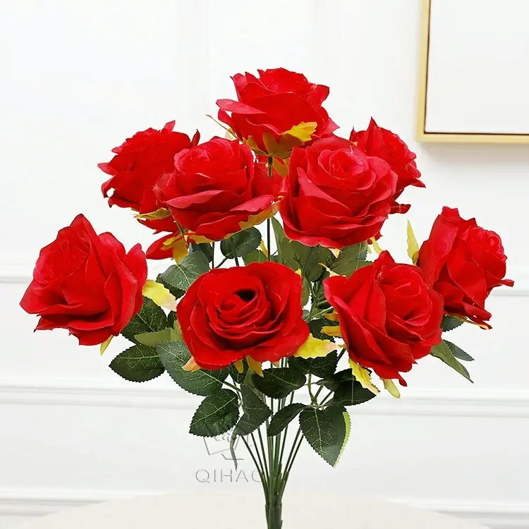 QiHao रेशमी कपड़े फूल के लिए 12 सिर कृत्रिम गुलाब रेशम फूल शादी के गुलदस्ते गृह सजावट