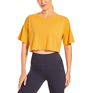 Camiseta de gimnasio de manga corta de algodón para mujer, Top corto de entrenamiento atlético informal, encaje de punto, transpirable, de secado rápido, respetuoso con el medio ambiente para correr - Product Image 1