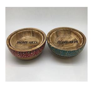 Superior Quality Hand Painted Wood Food Serving <b>Bowls</b> Set Of 4 Round Shape Different Sizes <b>Mixing</b> <b>Bowl</b> In India - Product Image 1