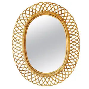 Vietbay Crafts Natural Rattan Wall Mounted Mirrors Rattan Creative Art Decoration Round Mirror Living Room Decor