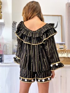 Women's Boho Chic Plus Size Blouse Pant Set 100% Cotton Black Flossy Fabric Crochet <b>Trim</b> <b>Tassel</b> Natural Ruffle Sequined Beaded - Product Image 4