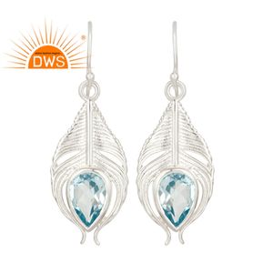 Boucle d'oreille en forme de plume de paon pour femme, argent 925, pierre précieuse bleue en topaze véritable, vente en gros, bijoux, vente en gros - Product Image 1