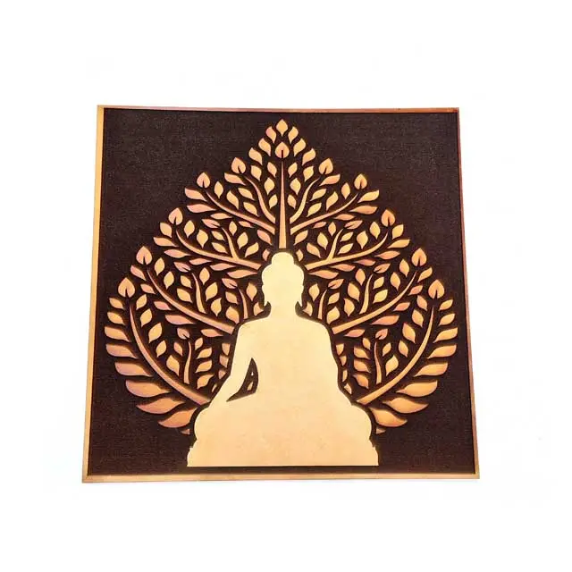 Di legno MDF Statua di Buddha Disegno Inciso a Laser Incisione CNC di Taglio Scenario Meditazione Buddha sotto L'albero Foglie Decorative Religioso