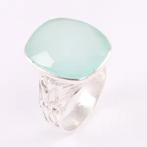 Aqua Chalcedony Solid Silver 925 Ring Chalcedony Jewelry 16x19 mm Cushion Faceted Gemstone Ring Gifts For Him Her Wholesaler