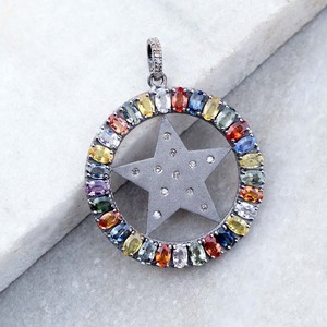 ออกซิไดซ์925เงินธรรมชาติหลายไพลินรูปไข่เพชรพลอยดาวรอบจี้เครื่องประดับ Unisex ขายส่ง - Product Image 6