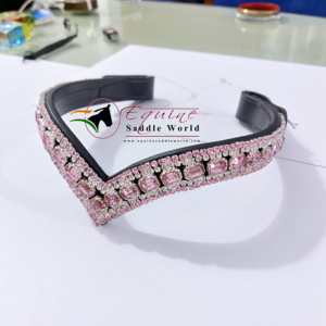 HIGH QUALITY HORSE BROW <b>BAND</b> V-SHAPE WITH PINK CRYSTALS LUXURY EQUESTRIAN WITH <b>SNAP</b> BUTTON LOOP. - Product Image 1