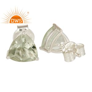Trillion Cut Green Amethyst Gemstone <b>Earrings</b> <b>Solid</b> 925 Sterling <b>Silver</b> Designer Tiny Stud <b>Earrings</b> Jewelry Manufacturer - Product Image 2