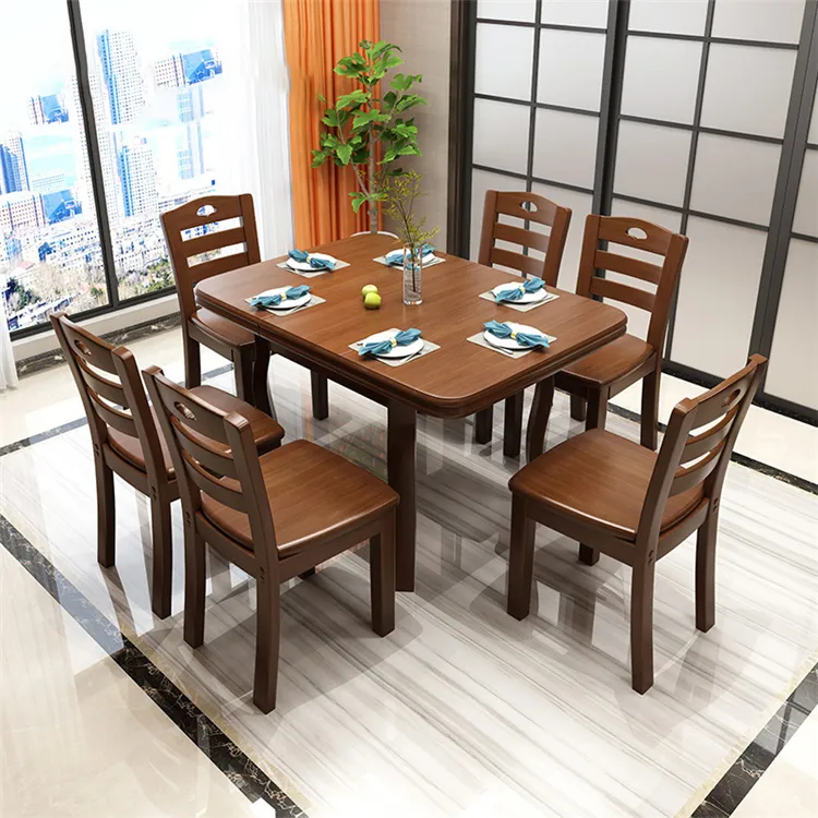 Set Meja Makan Lipat Gaya Populer Nordik Kayu Padat Penuh dengan 6 Kursi untuk Ruang Makan Roo