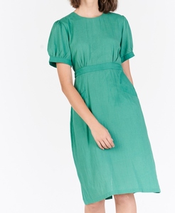 Green O-Neck Short Sleeve Knee-Length Linen <b>Dress</b> with <b>Pockets</b> Casual Loose Fit Formal Solid Summer Wear - Product Image 4