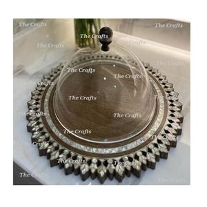 Wooden And Mop Work Serving Platter With Acrylic <b>Dome</b> Round Shape Serving Cake Pastry Platter With <b>Dome</b> - Product Image 2