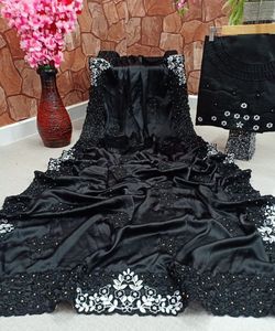 Vêtements de fête Designer brodé Net Soie Fleur Conception Indienne Dames Porter Orange Couleur Saree avec Blouse Pièce Perle Travail Sari Apparelgarment - Product Image 3