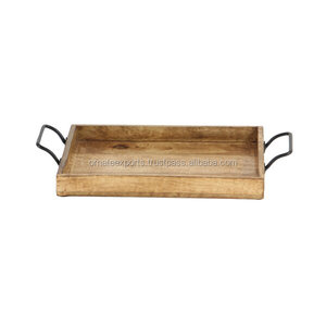 Plateau de service rectangulaire en bois massif, style moderne, avec poignées en métal, 1 pièce - Product Image 4