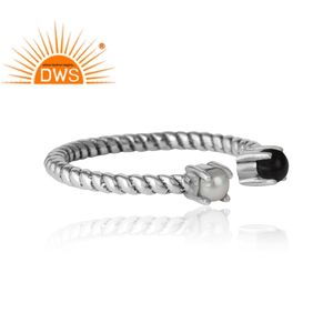 Natural Double Gemstone Operable Oxidized Silver Ring Jewelry Wholesaler Black Onyx, White Pearl Prong Set Ring - Product Image 3