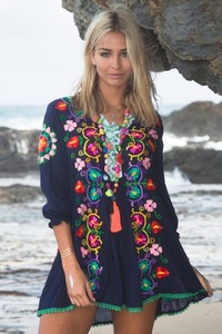 Boho Floral Embroidered Cotton Midi Dress V-Neck <b>Three</b> Quarter Sleeve Loose Fit Summer Casual Women's Tunic Rajasthan In-Stock - Product Image 3