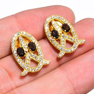 สินค้ามาใหม่925เงินสเตอร์ลิงต่างหูควอทซ์สโมคกี้ธรรมชาติชุบทอง18K ดีไซน์อินเทรนด์เหมาะสำหรับการหมั้นแต่งงาน - Product Image 1