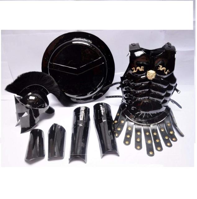 MEDIEVAL COMBO of SHIELD 300 ROMAN SPARTAN HELMET LEG ARM GUARD JACKET BLACK COSTUME BLACK COLOR