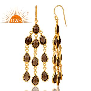 Boucles d'oreilles chandelier en argent sterling 925 plaqué or, design indien, avec pierres précieuses multi-quartz fumé, bijoux tendance, cadeau idéal - Product Image 3