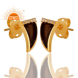 Fabulous Gold Plated Silver Smoky Topaz Gemstone Horn Shape Post Stud Earrings For Women Jewelry Supplier - Product Image 2