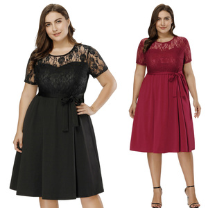 Black and Wine Plus Size Women's Short Sleeve Crew Neck Lace Patchwork A-Line Dress