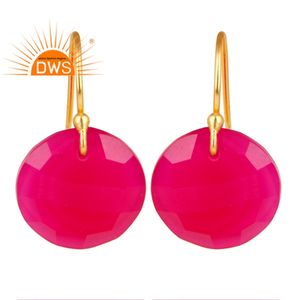 Proveedor de pendientes redondos de piedras preciosas de Calcedonia rosa, pendientes de gancho de plata 925, fabricante de joyas chapadas en oro de 14k - Product Image 1