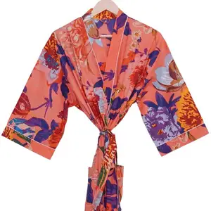 Индийское хлопковое Персиковое кимоно с цветочным принтом, халат, японская винтажная одежда для сна, платье, кимоно, кардиган для подружки невесты,