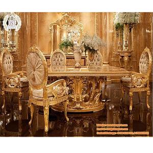 Ensemble de table à manger en teck moderne sculpté à la main en or royal avec taille personnalisable - Product Image 1