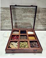 Premium Home Accessoires Sheeshamhouten rechthoekige kruidenbox met 9 compartimenten, gedroogd fruit, handgemaakte glazen deksel