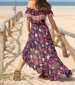ชุดแม็กซี่เดรสโบโฮทรงหลวมพอดีตัวของผู้หญิง,เดรสยาวมีพู่ที่เอวแขนสั้นแฟชั่นเปิดไหล่พิมพ์ลายดอกไม้สีพื้น - Product Image 4