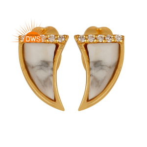 ต่างหูอัญมณีฮาวไลท์สีขาวเพทายต่างหูเม็ดเดี่ยวชุบทองเงิน925แบบคลาสสิก - Product Image 1