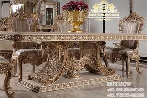 Muebles de comedor con acabado metálico plateado, muebles de comedor clásicos con acabado metálico para el hogar, comedor de lujo tallado pesado - Product Image 2