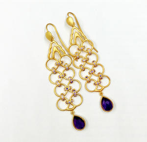 Matte-Finish Sterling Silver 925 Gold Plated Handmade Custom Made Low MOQ Supplier Circles Gemstone Drop <b>Long</b> Fish Hook <b>Earrings</b> - Product Image 1