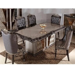 Juego de mesa de comedor de madera de teca metálica moderna, juego de muebles de comedor tallados a mano de lujo - Product Image 1