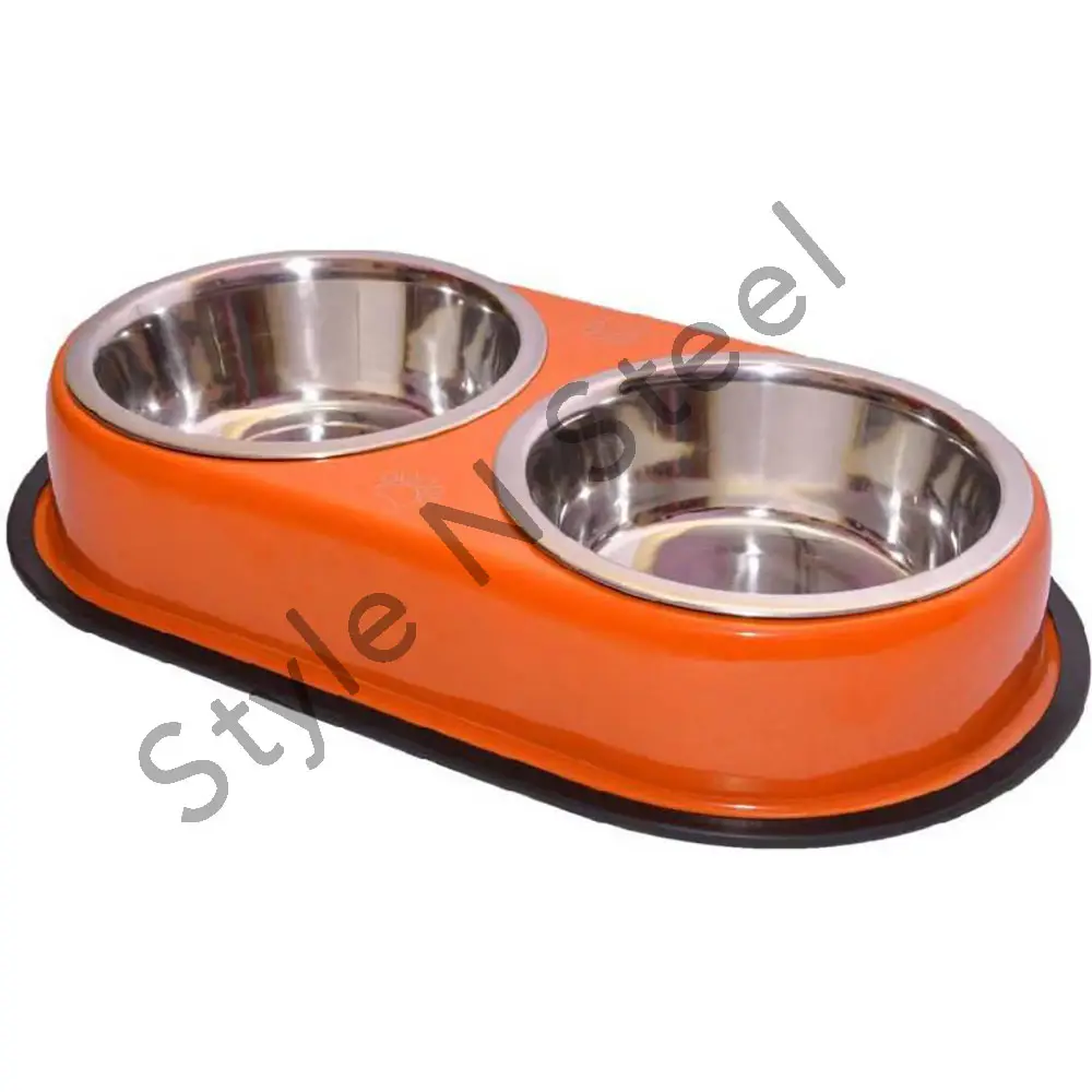 Double Diner with 2 Grips and S.S Bone Fish Button with 2 Pet Bowls Stainless Steel Box Durable Pet Bowl Stainless Steel