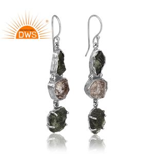 Plata de ley oxidada, Diamante Herkimer Natural y piedras preciosas de moldavita en bruto, Pendientes colgantes, fabricante de joyas - Product Image 2