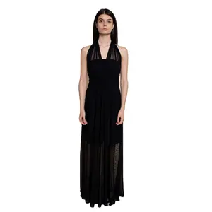 Best Italian quality long dress in tulle with off the shoulders doubled with long bands to tie at the neck, for party