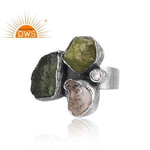 ออกซิไดซ์เงินสเตอร์ลิงธรรมชาติหยาบ Moldavite , Herkimer เพชรและ CZ ผู้ผลิตเครื่องประดับแหวนพลอย - Product Image 3