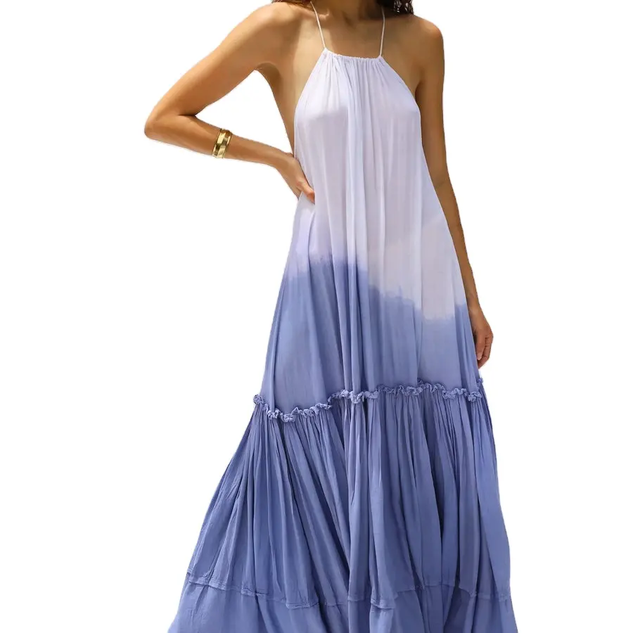 Exclusive Beautiful Rayon Tie Dye Bohemian Beach Wear Evening Cocktail Party Wear Frilled Tiered Backless Spaghetti Maxi Dress