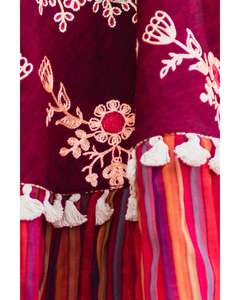 Vin profond Banjara Poncho 100% coton Boho Floral Style Tribal point de chaîne broderie doublure volant ourlet gland garniture respirant - Product Image 2