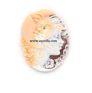 Natural Sardonyx Shell Cameo Woman and Moon Carved By Hand Big Size