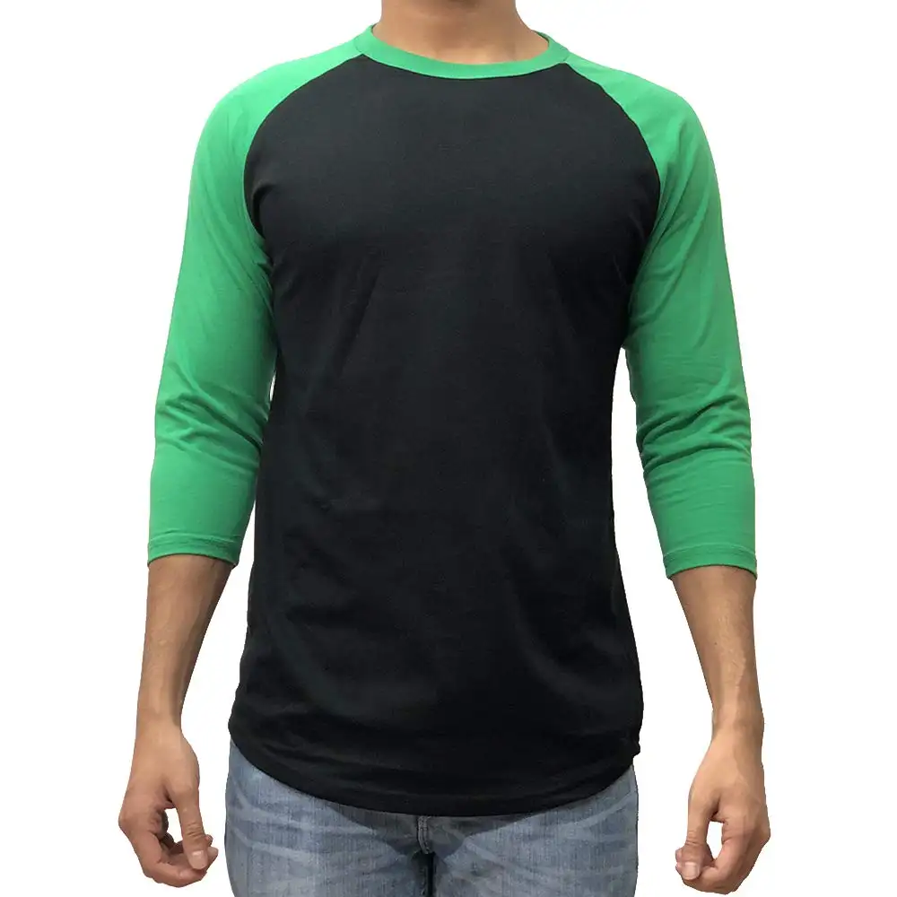 เสื้อยืดธรรมดาไม่มีลายเสื้อยืดไซส์ใหญ่,เสื้อยืดเบสบอลแขนแร็กแลนแขน3/4สีเขียว/ดำ